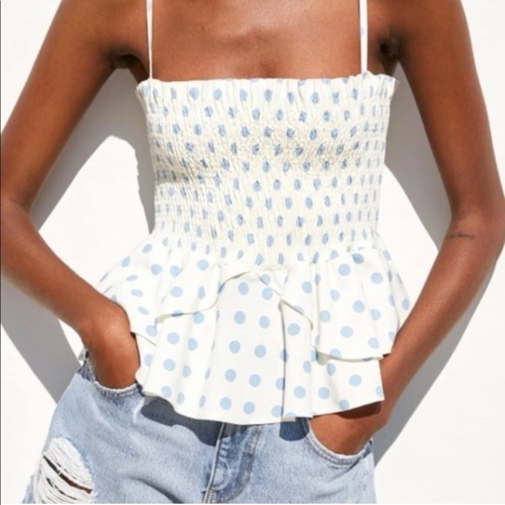Zara Smocked Polka Dot Top